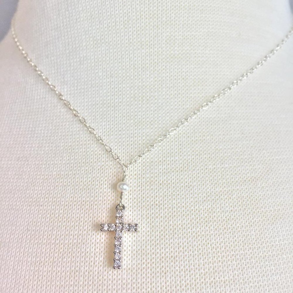 Tiny White Pearl CZ Cross Necklace Sterling Silver